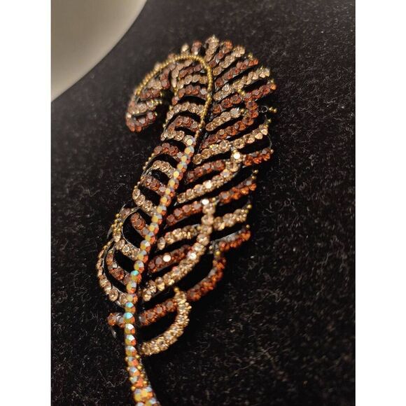Vintage Women's White/Brown/Amber Rhinestones Gold Leaf Brooch Pin - Picture 2 of 7